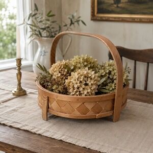 Vintage Round Woven Wood Basket with Handle and Feet Natural Pine Base 10 Inch